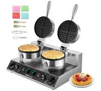 VEVOR Gaufrier Commercial 2460 W, Appareil à Gaufre Ronde à Double Tête, en Acier Inoxydable, Antiadhésif, avec Contrôle de la Température et du Temps, pour Restaurant Boulangerie Snack Bar Famille