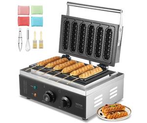VEVOR Gaufrier Commercial, 6 Pièces 1500W Gaufrier Machine, Gaufrier Antiadhésif en Acier Inoxydable pour Hot Dog avec Contrôle de la Température et du Temps, Poignée, pour Boulangerie Snack Bar