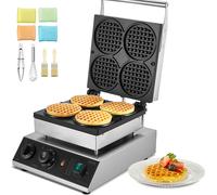 VEVOR gaufrier commercial machine à gaufres 1750 W gaufrier belge antiadhésif en acier inoxydable avec réglage de la température et du temps, pour restaurant boulangerie snack-bar 4 gaufres rondes