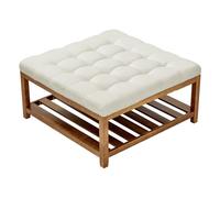 VEVOR Grande table basse carrée capitonnée en lin, 875 mm, repose-pieds rembourré avec étagère de rangement en bois massif, capacité de poids 181,44 kg, pour chambre à coucher, salon, blanc cassé
