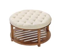 VEVOR Grande table basse ronde capitonnée en lin, 810 mm, repose-pieds rembourré avec étagère de rangement en bois massif, capacité de poids 158,76 kg, pour chambre à coucher, salon, couleur lin