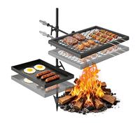 VEVOR Grille de Feu de Camp Pivotante Gril de Camping sur Piquet 2 Niveaux, Matériel de Barbecue pour Feu de Bois BBQ, Grille de Cuisson Supérieure et Plateau Inférieur, En Acier, Réglable en Hauteur
