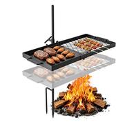 VEVOR Grille de Feu de Camp Pivotante Gril de Camping sur Piquet 61 cm, Matériel de Barbecue pour Feu de Bois BBQ, En Acier Résistant, Hauteur Réglable, Surface de Cuisson Mixte Grille et Plaque
