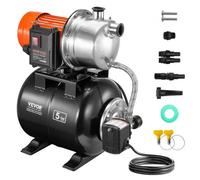 VEVOR Groupe de Surpression, 1176 W, Pompe de Puits Peu Profonde avec Réservoir sous Pression 19 L, 5600 L/h, Tête 50 m, Aspiration 8 m, Pressostat 30/50 PSI, Tête de Pompe Inox, pour Pelouse, Jardin