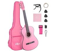 VEVOR Guitare Classique Débutants, 96 cm, avec Cordes Nylon, Housse de Transport, Sangle, Accordeur, Cordes Supplémentaires, Médiators, Capodastre, en Tilleul, pour Adolescent, Adulte, Étudiant, Rose