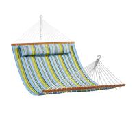VEVOR Hamac double en tissu matelassé, capacité 217 kg, hamac double 3,7 m barres d'écartement bois dur pour 2 personnes et oreiller amovible chaînes pour camping extérieur, patio, plage, rayure verte