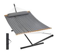 VEVOR Hamac pour deux personnes avec support, capacité 217 kg, hamac double support acier 12 pi et sac de transport portable et oreiller, hamac autoportant pour terrasse extérieure, cour, plage, gris