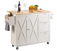 VEVOR Îlot Central 115x39 cm Desserte de Cuisine à Roulettes 1 Armoire 3 Tiroirs Meuble de Cuisine avec Plan de Travail en Bois Abattant 115x29 cm Porte-Épices Porte-Serviettes Rangement Bar Cuisine