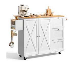 VEVOR Îlot Central 115x39 cm Desserte de Cuisine à Roulettes 1 Armoire 3 Tiroirs Meuble de Cuisine avec Plan de Travail en Bois Abattant 115x29 cm Porte-Épices Porte-Serviettes Rangement Bar Cuisine