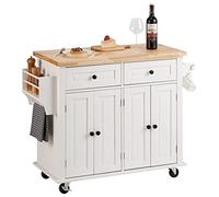 VEVOR Îlot Central 90x45 cm Desserte de Cuisine à Roulettes 2 Armoires 2 Tiroirs Meuble de Cuisine avec Plan de Travail en Bois Massif Porte-Épices Porte-Serviettes Buffet de Rangement Bar Cuisine