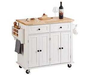 VEVOR Îlot Central 90x45 cm Desserte de Cuisine à roulettes 2 Armoires 2 Tiroirs Meuble de Cuisine avec Plan de Travail en Bois Massif Porte-Épices Porte-Serviettes Buffet de Rangement Bar Cuisine