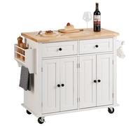 VEVOR Îlot Central 90x45 cm Desserte de Cuisine à Roulettes 2 Armoires 2 Tiroirs Meuble de Cuisine avec Plan de Travail en Bois Massif Porte-Épices Porte-Serviettes Buffet de Rangement Bar Cuisine