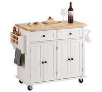 VEVOR Îlot Central 90x45 cm Desserte de Cuisine à Roulettes 2 Armoires 2 Tiroirs Meuble de Cuisine avec Plan de Travail en Bois Massif Porte-Épices Porte-Serviettes Buffet de Rangement Bar Cuisine