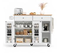 VEVOR Îlot de Cuisine Mobile Desserte à roulettes avec Rangement 121 cm | Pour Salle à Manger Maison, Table-îlot en MDF, Avec 2 Tiroirs, Placard, Abattant et Porte-torchon, Grand Comptoir, Blanc