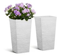 VEVOR Jardinière Haute Lot de 2 Pot de Fleur Haut 58 cm pour Plantes Intérieur Extérieur Entrée Terrasse Jardin, avec Trous Drainage, Roulettes, Style Moderne en Plastique, Forme Carrée Conique, Blanc