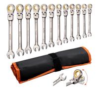 VEVOR Jeu de Clés Mixtes 12PCs, Clé Plate à Cliquet Flexible Métrique de 8 à 19 mm, pour Réparation Domestique et Automobile, Extrémité Fourche, 72 Dents, en Acier Cr-V, avec Trousse Enroulable