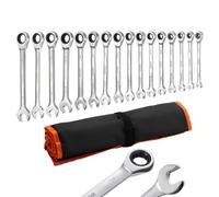 VEVOR Jeu de Clés Mixtes 16PCs, Clé Plate à Cliquet SAE, pour Réparation Domestique et Automobile, Extrémité Fourche, 72 Dents, en Acier Cr-V, avec Trousse Enroulable, Marquage bien Lisible, Argent