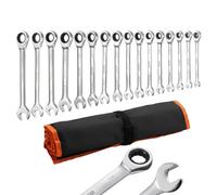 VEVOR Jeu de Clés Mixtes 16PCs, Clé Plate à Cliquet SAE, pour Réparation Domestique et Automobile, Extrémité Fourche, 72 Dents, en Acier Cr-V, avec Trousse Enroulable, Marquage bien Lisible, Argent