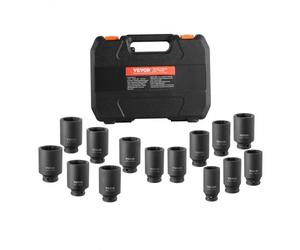 VEVOR Jeu de Douilles à Chocs Profondes pour Écrous d’Essieu 14PCs, Coffret de Douilles pour Écrous à Entraînement de 1/2 po 12,7 mm, Métriques, 6 et 12 Pans, Outil de Montage et Démontage Réparation