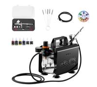 VEVOR Kit Aérographe avec Compresseur d’Air 1/6 HP, Compresseur Aérographe avec 1 Pistolet à Double Action, 3 Buses, Tuyau, Peinture Acrylique et Pinceau, pour Décoration Pâtisserie Onglerie
