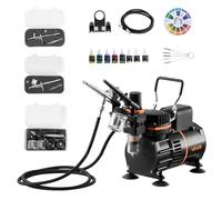 VEVOR Kit Aérographe avec Compresseur d’Air 1/6 HP, Compresseur Aérographe avec 3 Pistolets à Double Action,3 Buses, Tuyau, Peinture Acrylique, 2 Ventilateurs, Décoration Pâtisserie Onglerie