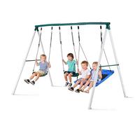 VEVOR Kit Balançoire de Jardin 318 kg, Portique Balançoire avec 3 Sièges, pour Arrière-Cour Aire de Jeux Extérieur, Trapèze Métallique Solide en Forme de A, Stable avec Ancrages de Sol en Spirale