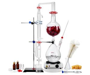 VEVOR Kit de Distillation d'Huile Essentielle 28PCs, Appareil de Distillation de 2000 mL, Kit de Distillation de Verrerie de Laboratoire Boro 3,3 avec Plaque Chauffante de 1500 W et Joint 24/40 Labo
