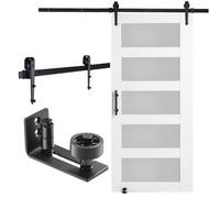 VEVOR Kit de porte de grange et de quincaillerie, 1066,8 x 2133,6 mm, porte de grange coulissante en bois et verre, avec guide au sol 8 en 1 et poignée de porte, dalle en bois d'épicéa et verre dépoli