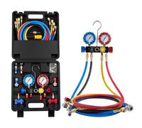 VEVOR Kit de Recharge de Réfrigérant de Climatisation Automobile R134a R404A R1234yf et R22, Manomètre Frigoriste 4 Voies, pour Fluide Frigorigène, avec Tuyaux, Adaptateurs, Raccords Rapides, Coffret