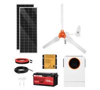VEVOR Kit d'énergie éolienne et solaire 12 V 600 W, 2 panneaux monocristallins 100W, éolienne 400W, batterie LiFePO₄ 12,8 V 100 Ah et onduleur solaire hybride 1000W pour camping-car, bateau, maison