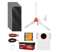 VEVOR Kit d'énergie éolienne et solaire 24 V 1000 W, 6 panneaux monocristallins 100 W, éolienne 400W, batterie LiFePO₄ 25,6 V 100 Ah et onduleur solaire hybride 3000 W pour camping-car, bateau, cabine