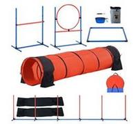 VEVOR Équipements d'Entraînement Agilité pour Chien, Ensemble 5PCS, Parcours Obstacles pour Chiot, avec Haies Hautes Réglables, 6 Poteaux, Tunnel, Anneau de Saut, Boîte de Pause, Sifflet, Bol Pliable