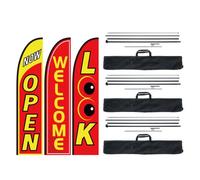 VEVOR Kit mâts de drapeau avec drapeaux plumes publicitaires, 3 drapeaux LOOK/OPEN/WELCOME, 3 poteaux, 3 piquets de sol, hauteur totale 498,5 cm pour entreprises, événement sportif, activité promo