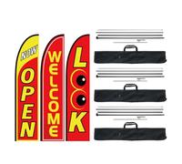 VEVOR Kit mâts de drapeau avec drapeaux plumes publicitaires, 3 drapeaux LOOK/OPEN/WELCOME, 3 poteaux, 3 piquets de sol, hauteur totale 498,5 cm pour entreprises, événement sportif, activité promo