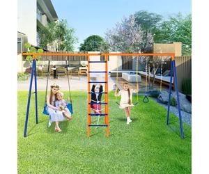 VEVOR Kit Portique Balançoire de Jardin 6-en-1, avec 2 Balançoires, Barre de Trapèze, Échelle, Filet d'Escalade et Panier de Basket-ball, Charge 200 kg, Cadre en Métal Robuste, pour Enfants 3+