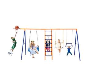 VEVOR Kit Portique Balançoire de Jardin 6-en-1, avec 2 Balançoires, Barre de Trapèze, Échelle, Filet d'escalade et Panier de Basket-Ball, Charge 200 kg, Cadre en Métal Robuste, pour Enfants 3+