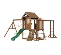 VEVOR Kit Portique Balançoire en Bois 10-en-1, Aire de Jeux avec 2 Balançoires, Barre Trapèze, Toboggan, Grand Fort Supérieur avec Jouets de Cuisine, Échelle Plate, Mur d'Escalade, Table, Bac à Sable
