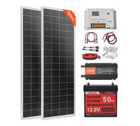 VEVOR Kit solaire complet hors réseau 200W 12V, avec 2 panneaux solaires monocristallins 100W, batterie LiFePO₄ 12,8V 50Ah, contrôleur de charge 40A et onduleur 800W, pour camping-car, maison, bateau