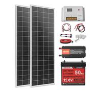 VEVOR Kit solaire complet hors réseau 200W 12V, avec 2 panneaux solaires monocristallins 100W, batterie LiFePO₄ 12,8V 50Ah, contrôleur de charge 40A et onduleur 800W, pour camping-car, maison, bateau