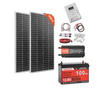 VEVOR Kit solaire complet hors réseau 400W 12V, avec 2 panneaux solaires monocristallins 200W, batterie LiFePO₄ 12,8V 100Ah, contrôleur de charge MPPT 40A et onduleur 1000W, pour camping-car, maison