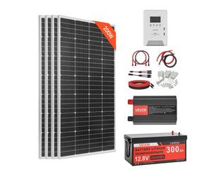 VEVOR Kit solaire complet hors réseau 800W 12V, avec 4 panneaux solaires monocristallins 200W, batterie LiFePO₄ 12,8V 300Ah, contrôleur de charge MPPT 60A et onduleur 2000W, pour camping-car, maison