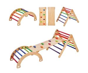 VEVOR Kit Triangle d'Escalade Montessori 5-en-1, Échelle d’Escalade pour Enfants en Bois Grande Taille, Aire de Jeux Intérieure Triangle avec Rampe Arc, Kit Pikler pour Tout-petits 1-3 Ans, Coloré