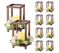 VEVOR Lanterne de Mariage en Bois, Lot de 10, Lanterne Décorative avec Bougies LED sans Flamme, Couronnes de Fleurs Artificielles, pour Centre de Table de Mariage, Fête, Décoration Intérieur, Marron