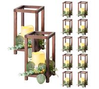 VEVOR Lanterne de Mariage en Bois, Lot de 12, Lanterne Décorative avec Bougies LED sans Flamme, Couronnes de Fleurs Artificielles, pour Centre de Table de Mariage, Fête, Décoration Intérieur, Marron