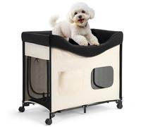 VEVOR Lit Surélevé pour Chiens Chats, Lit de Camp pour Animaux de Compagnie Pliable, Panier Chiens en Tissu Oxford 600D et Velours Hollandais, avec Roues et Pochettes Latérales, Taille L, Beige