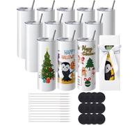 VEVOR Lot de 12 gobelets droits à sublimation, gobelets vierges de 591,5 ml, gobelet à double paroi en acier inoxydable avec paille, couvercle, brosse, fond, film rétractable, boîte cadeau, pour press