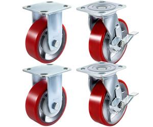 VEVOR Lot de 4 roulettes pivotantes en polyuréthane 15,2 x 5,1 cm sur roue en acier avec frein (2) rigide (2)