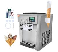 VEVOR Machine à Crème Glacée Commerciale 20 L/h 1800 W 3 Saveurs, Machine à Glace Italienne Trémie 2x4 L, Pré-Réfrigération, Nettoyage Automatique, pour Yaourt Café Snack-Bar Restaurant Supermarché