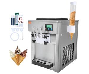 VEVOR Machine à Crème Glacée Commerciale 20 L/h 1800 W 3 Saveurs, Trémie 2x4 L, Pré-Réfrigération, Nettoyage Automatique, pour Yaourt Café Snack-Bar Restaurant Supermarché