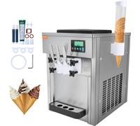VEVOR Machine à glace commerciale, 1800 W, 3 parfums, machine à glace molle Plan de travail, 2 entonnoirs de 4 L, 2 cylindres de 1,8 L, écran LCD, nettoyage automatique, pré-refroidissement